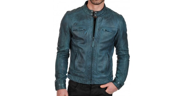 Men s Teal European Style Waxed Leather Fashion Jacket